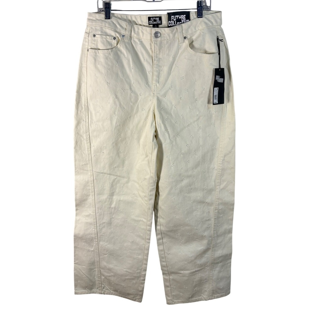 Future Collective Cream Wide Leg Distressed Textured Jeans Mid Rise 12 NEW‎